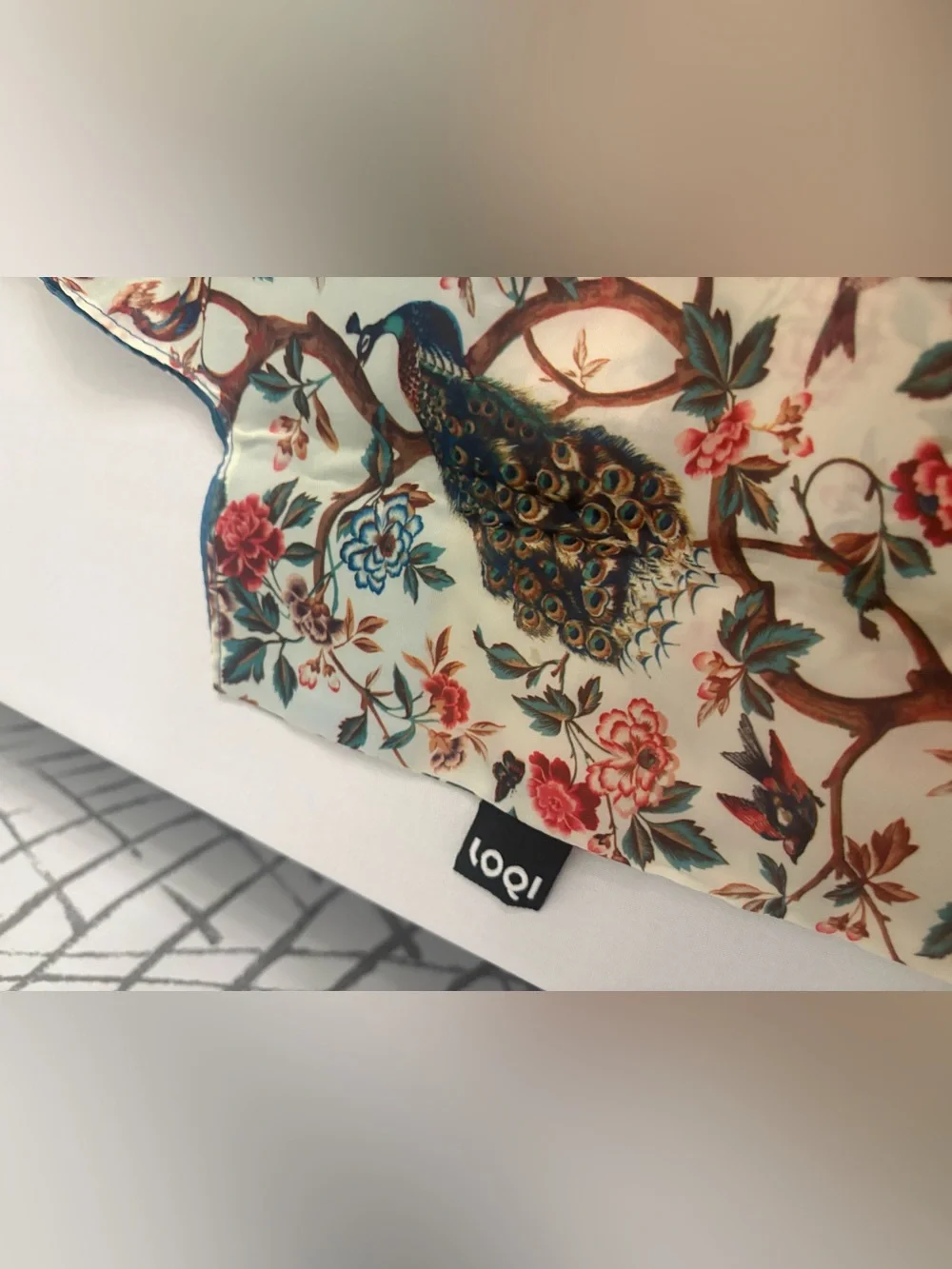 LOQI Peacock Floral Accent Pillow in Cream and Teal